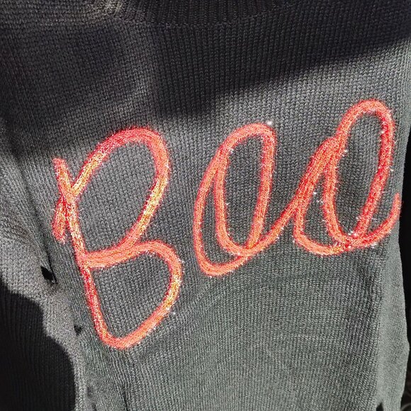 Halloween Sweater Knit Pullover Boo Glitter Design Black Medium 100% Polyester - Picture 2 of 7